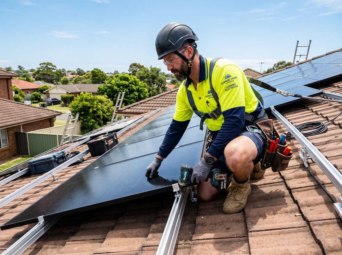 Licensed electrician mounting solar panels on tiled roof