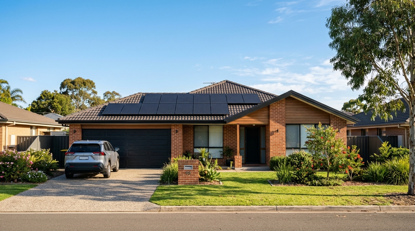 Australian suburban home with solar panels installed on tiled roof