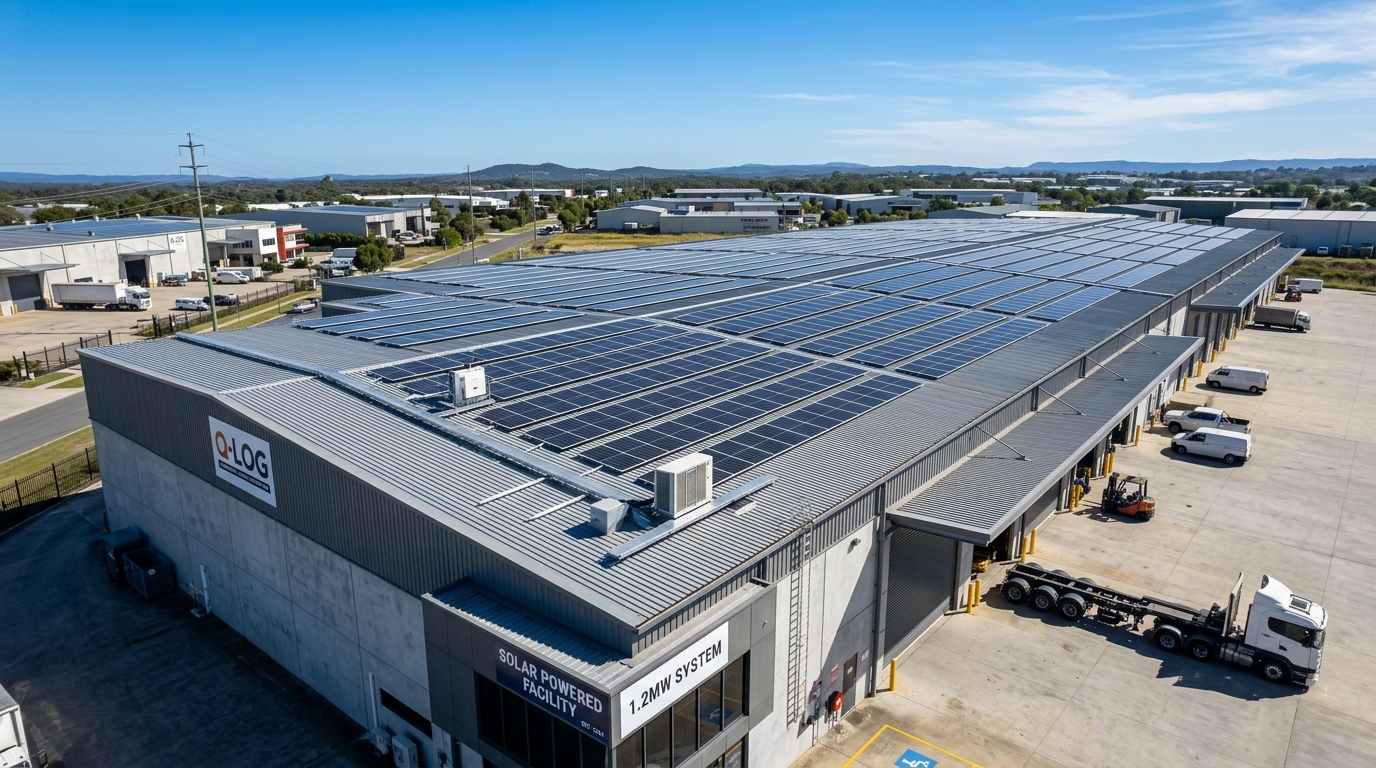 Commercial rooftop solar panels on industrial warehouse facility