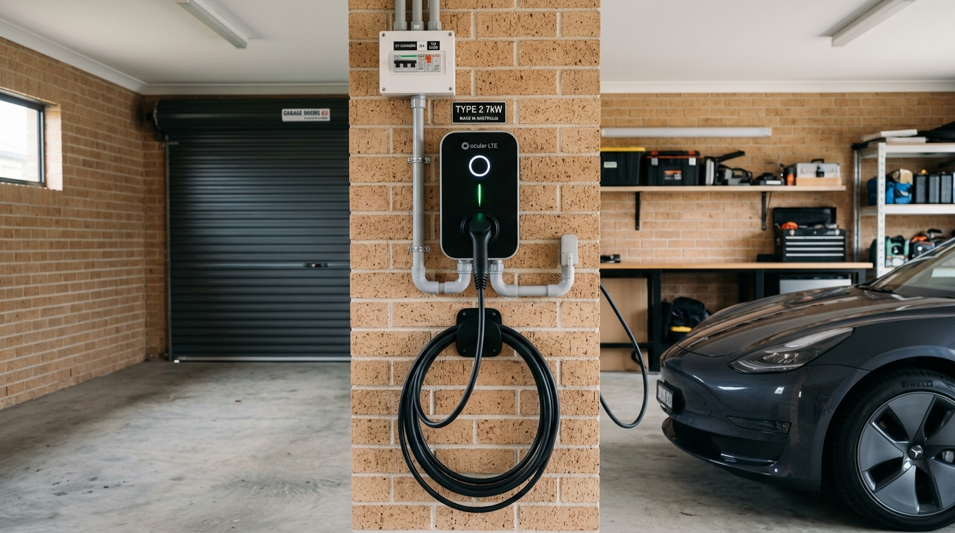 Smart electric vehicle wall charger station mounted on garage wall